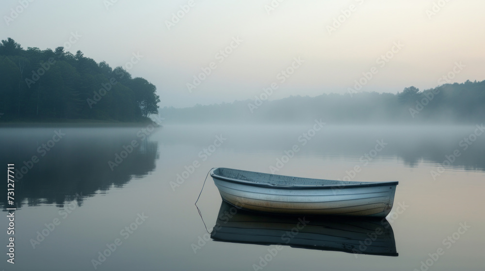 A tranquil lake with a lone rowboat, framed by early morning mist A tranquil lake with a lone rowboat, framed by early morning mist