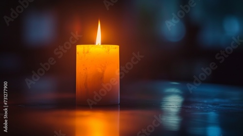A single white candle burning against a dark, reflective surface