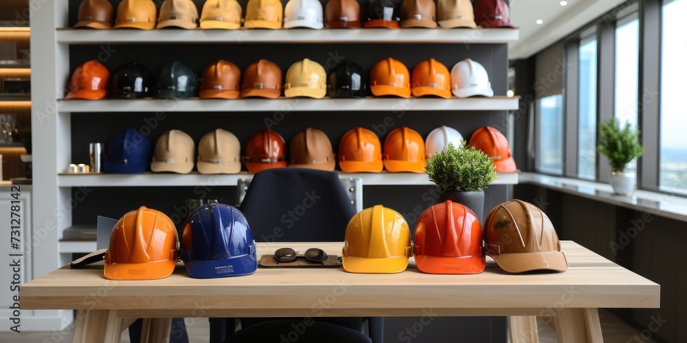 Various colored hard hats displayed on a shelf in a modern office