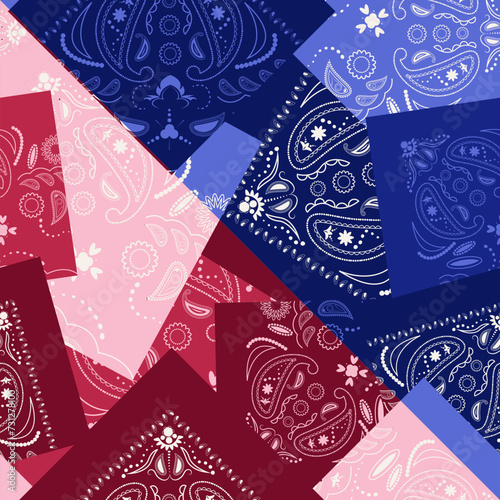 Red and blue bandana kerchief paisley fabric patchwork abstract vector seamless pattern.