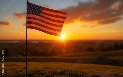 american flag against the sunset background
