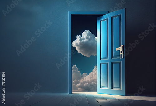New life door to heaven, conceptual image. Leaving all problems behind, walking into a new life, retirement or withdrawal concept. photo