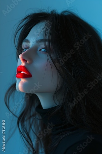 a woman with long hair and red lips