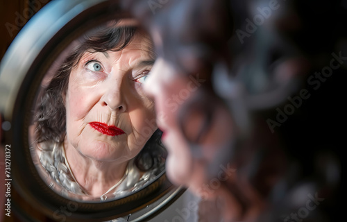 Reflective Aging: Grandmother Contemplating Her Reflection in Mirror