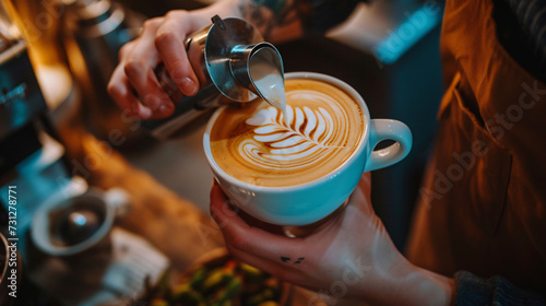 A talented barista showcases their expertise by skillfully creating intricate latte art in a warm and inviting coffee shop. This image captures the essence of hospitality as the barista meti