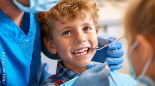dentist examining little boy in clinic.