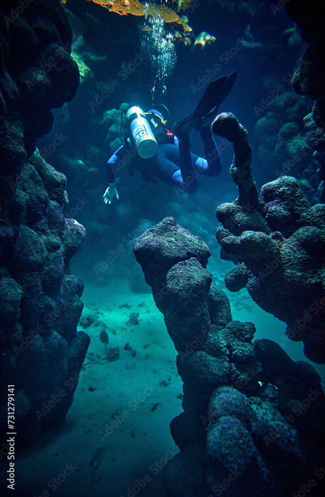 The beauty of the underwater world - a diver got lost in an underwater cave - scuba diving in the Red Sea, Egypt