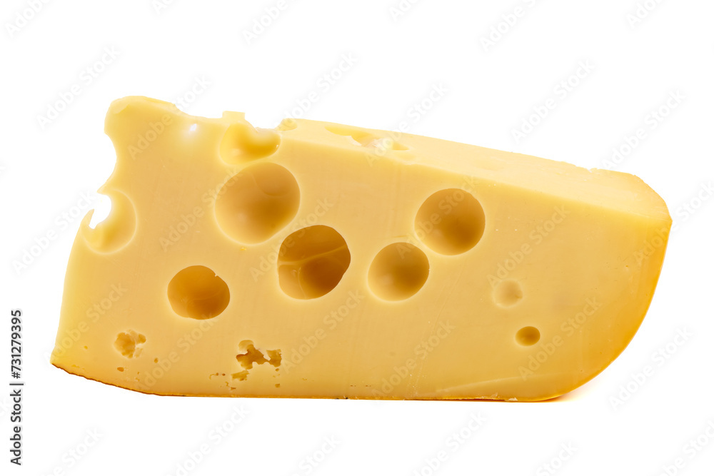 Maasdam cheese block, isolated on white background. High resolution image.