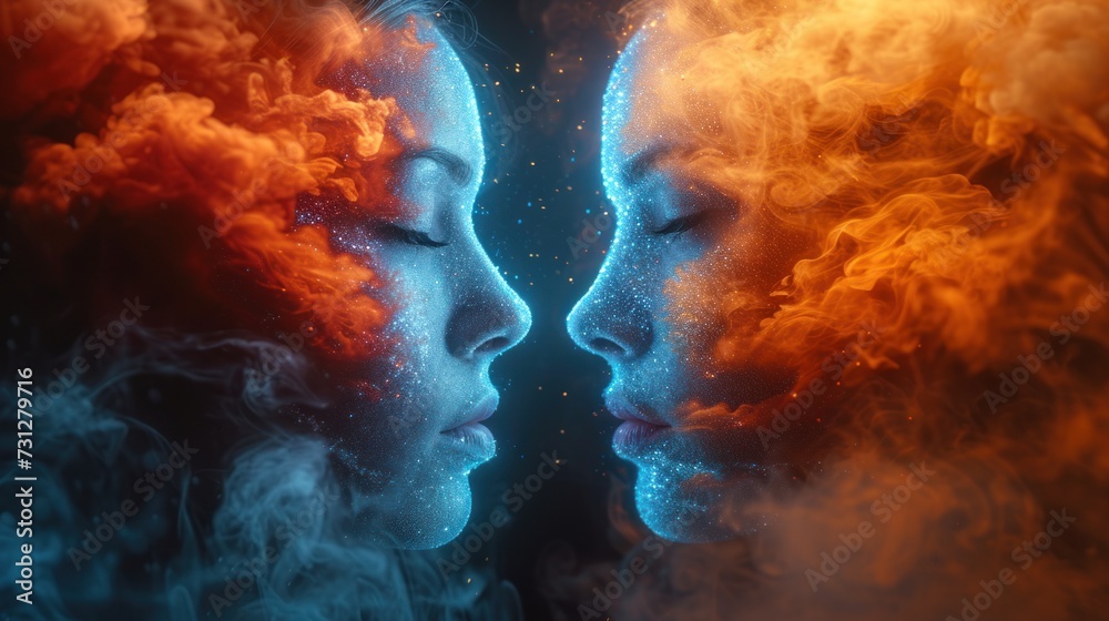 Psychological double image of a woman's face with bipolar disorder in bright orange smoke