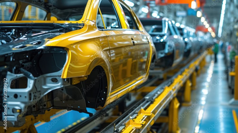 Automotive Assembly Line Producing Yellow Cars in Modern Factory.