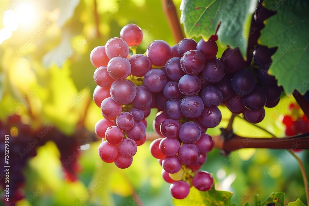 A vibrant autumn vineyard scene showcasing a bountiful harvest of juicy seedless grapes, ripe with the essence of nature's bounty and the promise of delicious food and fine wine A vibrant autumn vineyard scene showcasing a bountiful harvest of juicy seedless grapes, ripe with the essence of nature's bounty and the promise of delicious food and fine wine
