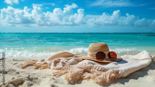 A wide-angle view of a towel laid out on the beach  accompanied by a hat and sunglasses