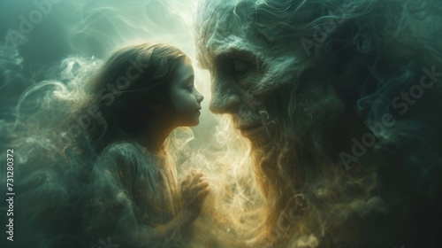A little girl lovingly communicates with a deceased spirit, a kind ghost. Taking care of a child from another dimension