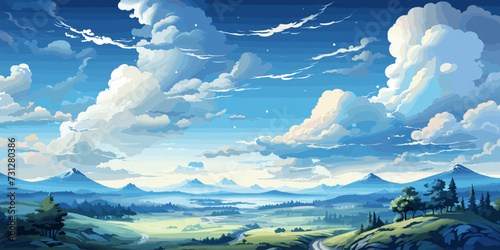 Vector blue sky clouds. Anime clean style. Background design