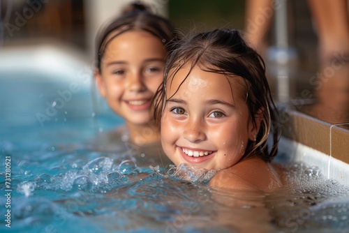 Two young girls embrace the joy of summer as they smile and swim in an indoor pool  their human faces glowing with happiness and the refreshing water surrounding them