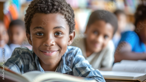 Cheerful African American Boy Enjoying Learning with Classmates in School. © Anna