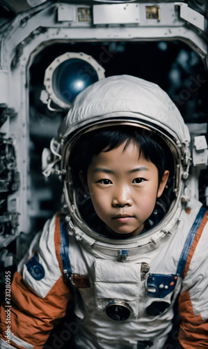 Astronaut kid. Child wearing astronaut suit in spaceship. Child embracing future profession. Kid in aspirational attire