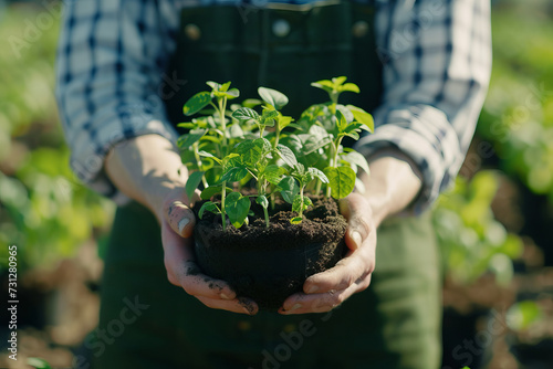 An Agriculturist is holding a pot with seedlings that have just sprouted. Person planting a plant.