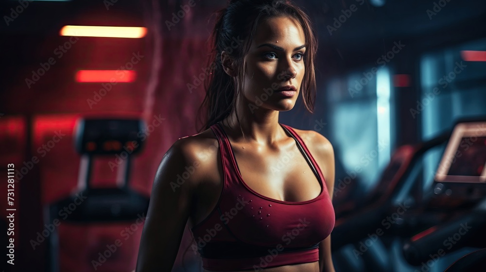 A young pretty woman wearing an exercise outfit. She is a fitness gym member who is working out in the style of expressive facial expression. Atmospheric and moody lighting.