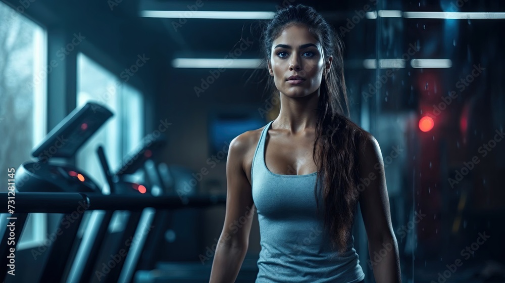 A young brunette female athlete is standing between treadmills in an indoor gym, in the style of atmospheric and moody lighting, strong facial expression, and gray and aquamarine colors. A young brunette female athlete is standing between treadmills in an indoor gym, in the style of atmospheric and moody lighting, strong facial expression, and gray and aquamarine colors.