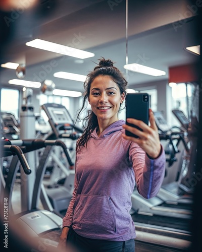 Smiling beautiful Latina young woman using her smartphone in a gym to take selfie pictures. Joyful and optimistic. Multilayered, light purple, and maroon, candid portraiture. Vibrant portraits