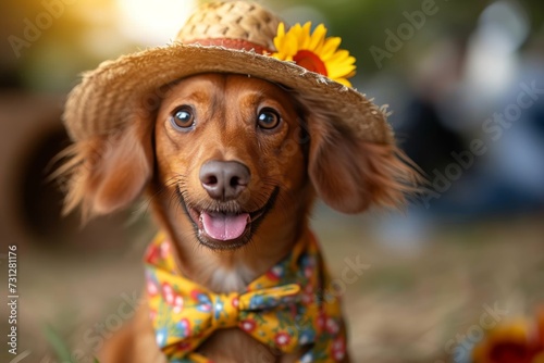 A stylish pup, with a touch of floral charm, dons a dapper brown hat and yellow bow tie for a sophisticated outdoor outing photo