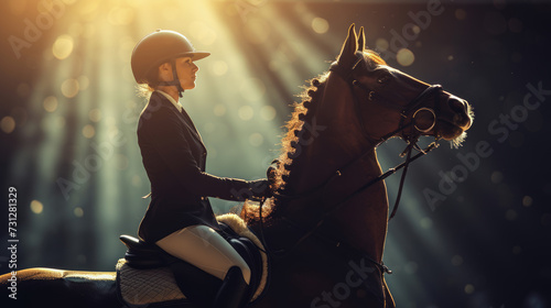 Horse rider performing dressage during the dressage competitions, sport arena