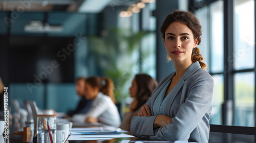 An exceptional businesswoman confidently delivering a powerful presentation in a modern conference room, representing strong leadership and corporate triumph.