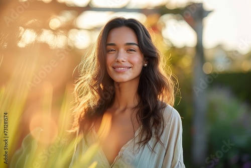 A sun-kissed lady with long hair radiates pure joy as she smiles at the camera in an outdoor portrait photography session