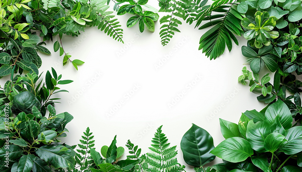 Naklejka premium Green tropical leaves frame on white background for text or logo. Jungle green plants on white screen. Stylish nature moving copy space