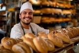 A content man proudly displays the fruits of his labor at the bustling bakery, surrounded by delectable pastries and the comforting aroma of freshly baked goods