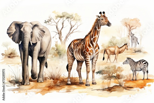 Group of African safari animals together and Cute safari wildlife animal with giraffe, lion, elephant, lion, zebra, tiger