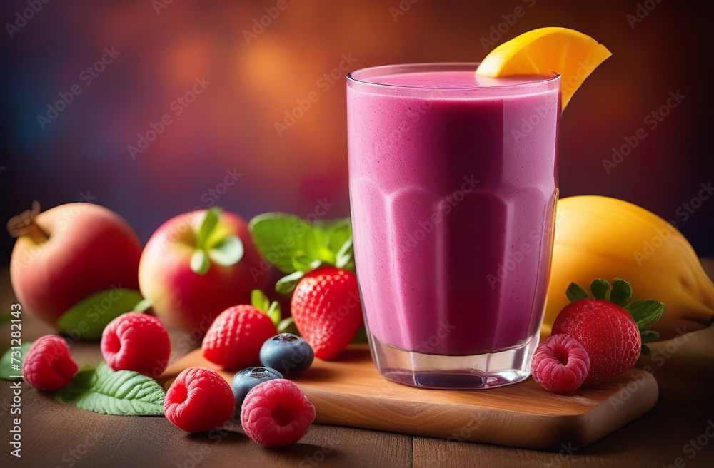 Purple smoothie in a clear glass on a wooden table. Fruit and berry healthy drink. Generated AI Purple smoothie in a clear glass on a wooden table. Fruit and berry healthy drink. Generated AI