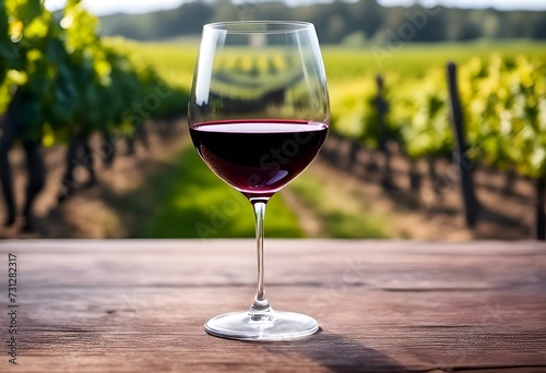 Verre de vin rouge sur une table en bois devant une vigne