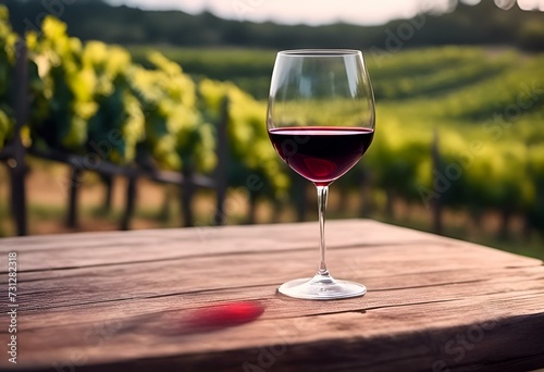 Verre de vin rouge sur une table en bois devant une vigne