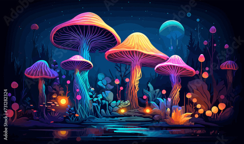 Fantasy Landscape with Neon Mushrooms isolated vector style illustration