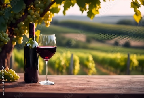 Verre de vin rouge sur une table devant une vigne photo