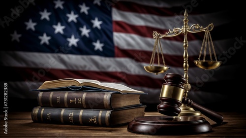 An evocative image featuring the American flag backdrop with a judicial gavel and scales of justice, symbolizing the United States legal system. photo