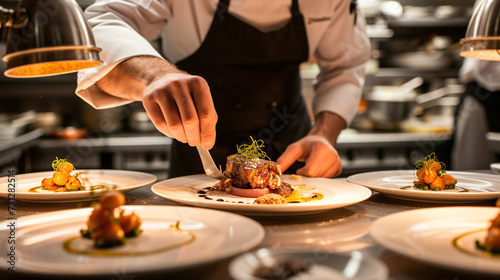 A skilled chef expertly plates a stunning and meticulously crafted dish in a professional kitchen, showcasing a harmonious fusion of culinary expertise and artistic flair.