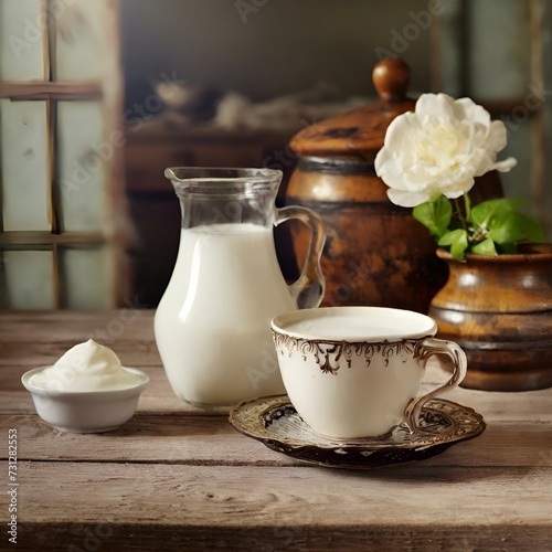 Tasse et lait dans un pichet en verre  sur une table
