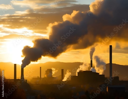 Cheminées d'usine au coucher du soleil, concept de pollution