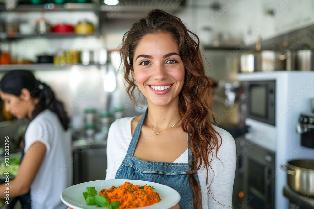 A content woman, dressed in casual clothing, beams with a smile as she holds a plate of delicious fast food in an indoor kitchen, surrounded by colorful vegetables and modern kitchen appliances on th