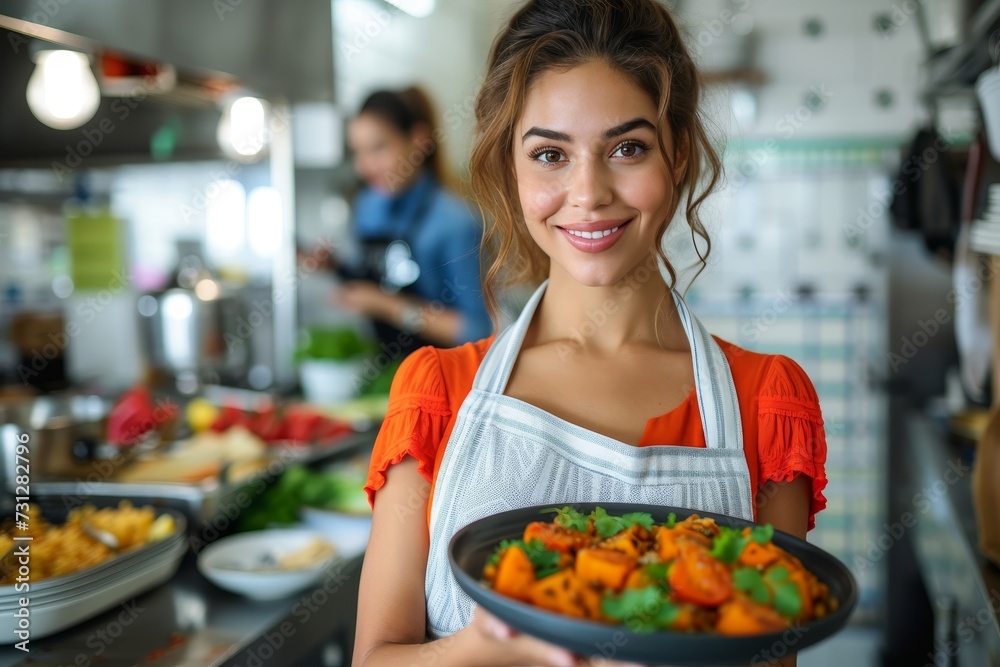 A skilled woman gracefully balances a plate of freshly prepared food, showcasing her culinary expertise in her stylish kitchen filled with an array of colorful fruits and vegetables
