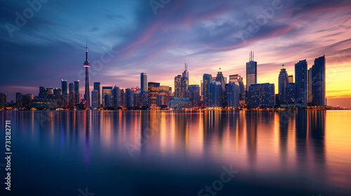 A mesmerizing city skyline at twilight  showcasing the perfect blend of urban beauty and architectural grandeur. The soft hues of the setting sun illuminate the towering skyscrapers  reflect