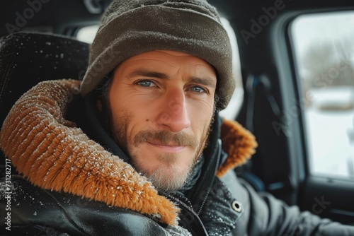 A rugged man with a bushy beard, braving the harsh winter in his trusty hat and jacket, steps out of his car into the cold, determined to conquer the elements