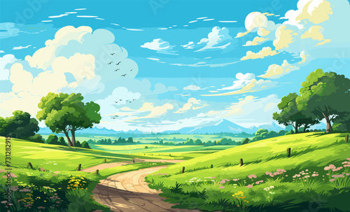 Road through a green field landscape scene at sunset, colorful summer vector illustration