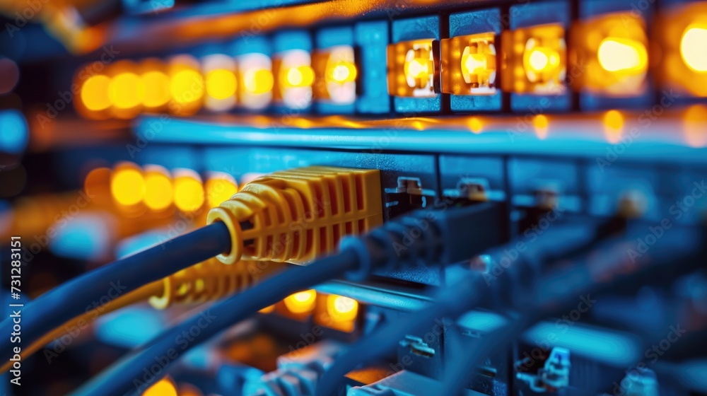 Fiber Optic cables connected to an optic ports and UTP Network cables connected to ethernet ports. Fiber Optic cables connected to an optic ports and UTP Network cables connected to ethernet ports.