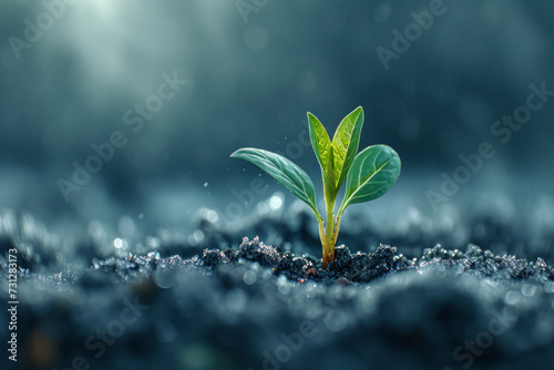 Emerging from the frozen ground, a young green sprout marks the end of winter and the onset of the spring season. 