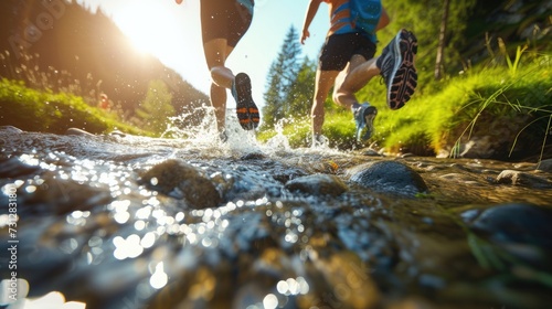 Trail runners leap across water and rocks. Follow the competition route On the green background, bright sunlight