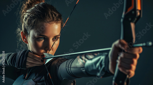 A determined and skilled competitive archer, in her late 20s, ready to show off her precision. Dressed in a form-fitting archery uniform, she exudes confidence and focus as she holds her bow © Nijat